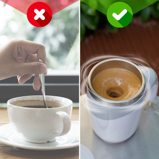 Side-by-side comparison of stirring coffee with a spoon versus a self-stirring mug creating a vortex